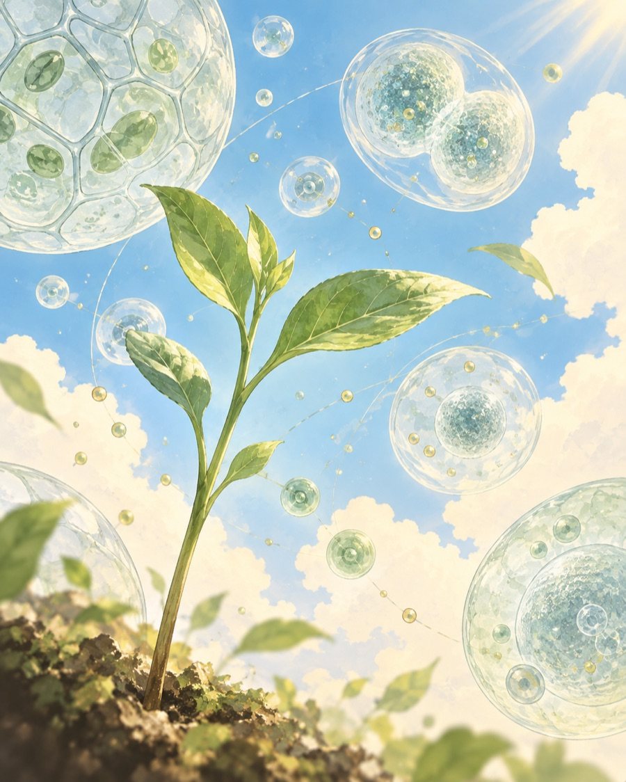 若い植物と透明な細胞を描いた、生命科学をイメージするイラスト